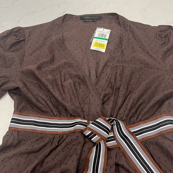 NWT BCBG Maxazria Brown Sheer with Black Polka Dots Tie Around the Waist Top - Picture 5 of 8